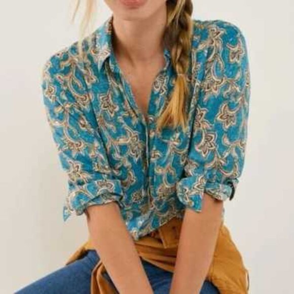 PILCRO M Leilani Blue Floral Paisley Button Down Shirt Oversized - Picture 1 of 9